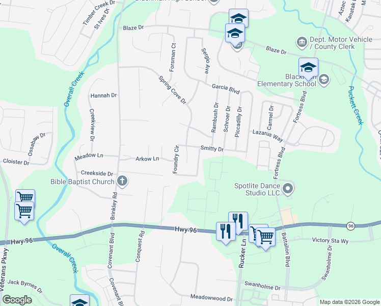 map of restaurants, bars, coffee shops, grocery stores, and more near 4408 Spring Cove Drive in Murfreesboro