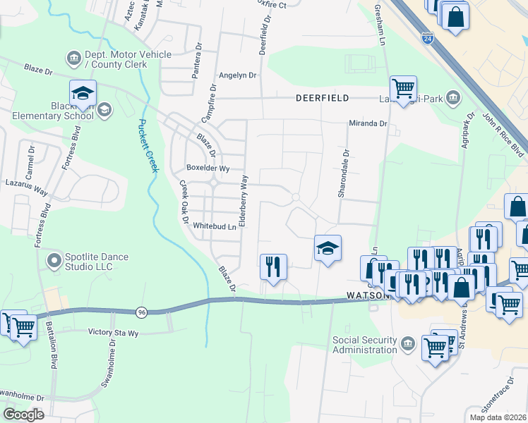 map of restaurants, bars, coffee shops, grocery stores, and more near 320 Rockcastle Drive in Murfreesboro