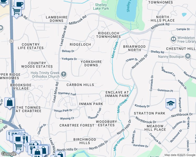 map of restaurants, bars, coffee shops, grocery stores, and more near 1801 Bonnibee Court in Raleigh