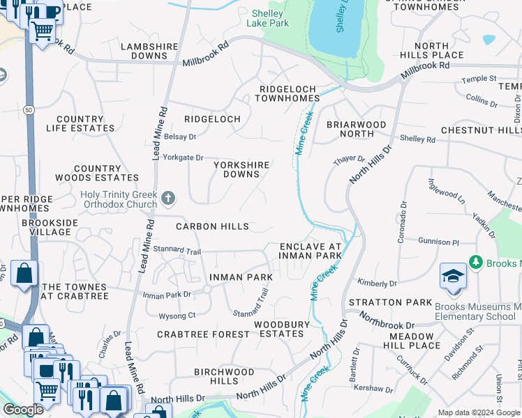 map of restaurants, bars, coffee shops, grocery stores, and more near 1801 Bonnibee Court in Raleigh