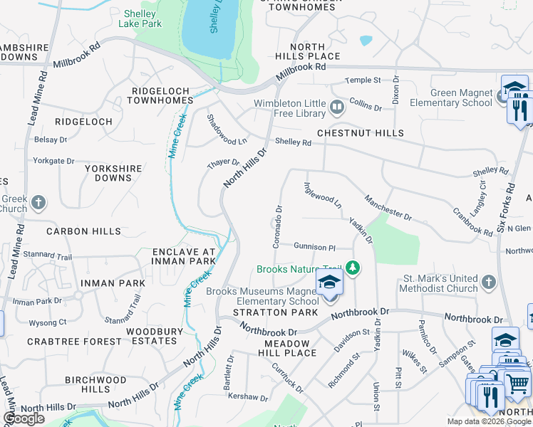 map of restaurants, bars, coffee shops, grocery stores, and more near 5219 Coronado Drive in Raleigh