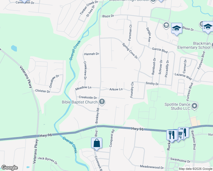 map of restaurants, bars, coffee shops, grocery stores, and more near 410 Brinkley Road in Murfreesboro