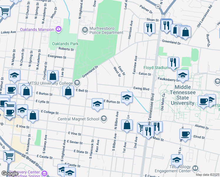 map of restaurants, bars, coffee shops, grocery stores, and more near 723 Ewing Boulevard in Murfreesboro