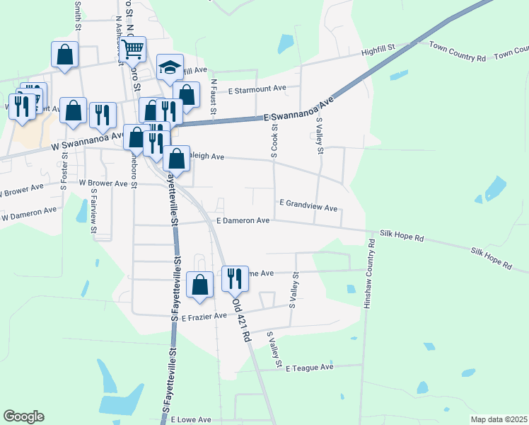 map of restaurants, bars, coffee shops, grocery stores, and more near 234 South Cook Street in Liberty