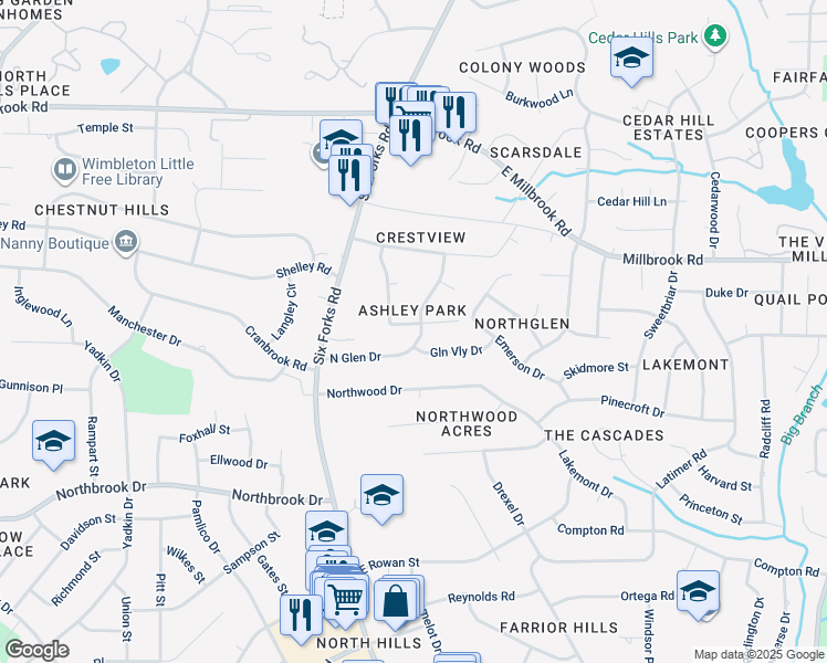 map of restaurants, bars, coffee shops, grocery stores, and more near 401 Cottonwood Circle in Raleigh