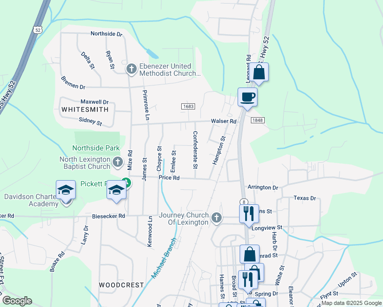 map of restaurants, bars, coffee shops, grocery stores, and more near 211 Confederate Street in Lexington