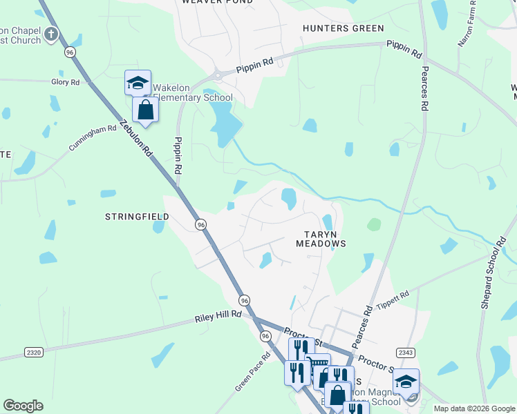 map of restaurants, bars, coffee shops, grocery stores, and more near 625 Rose Mallow Drive in Zebulon