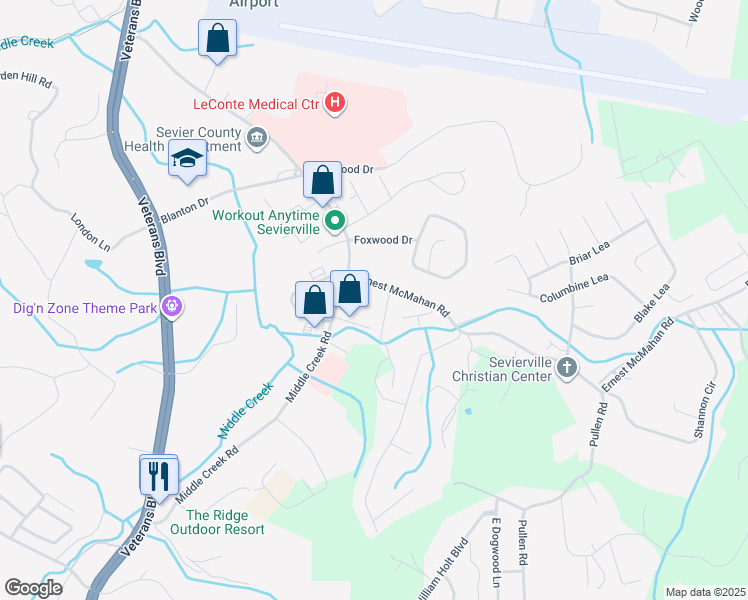 map of restaurants, bars, coffee shops, grocery stores, and more near 1020 Middle Creek Road in Pigeon Forge