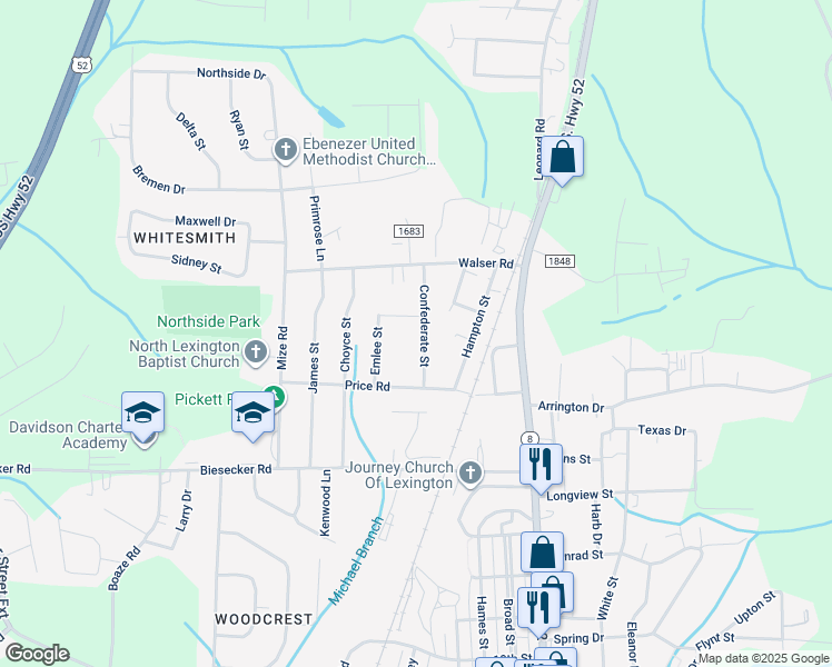 map of restaurants, bars, coffee shops, grocery stores, and more near 211 Confederate Street in Lexington