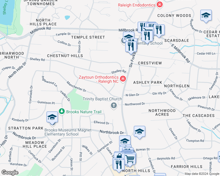 map of restaurants, bars, coffee shops, grocery stores, and more near 5005 Langley Circle in Raleigh