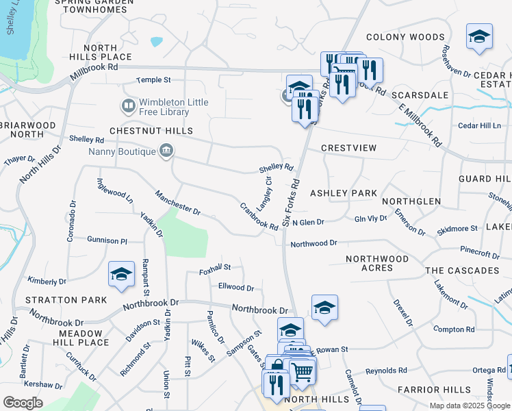 map of restaurants, bars, coffee shops, grocery stores, and more near 5005 Langley Circle in Raleigh