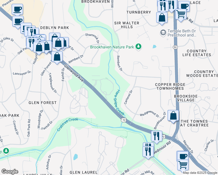 map of restaurants, bars, coffee shops, grocery stores, and more near 1300 Tribute Center Drive in Raleigh