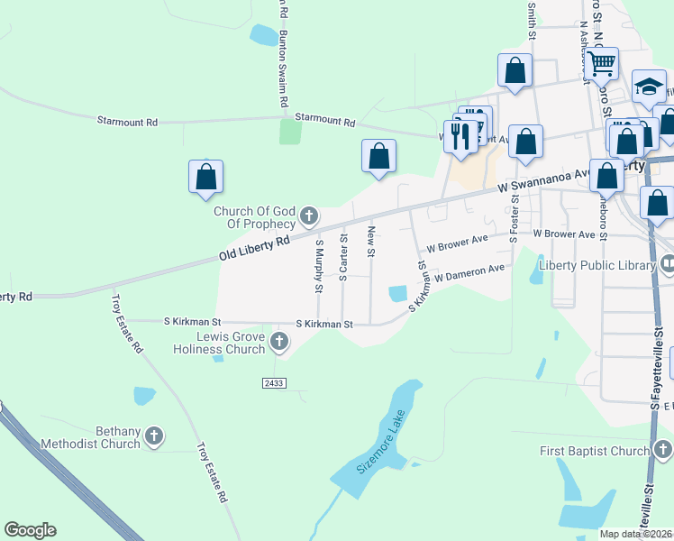 map of restaurants, bars, coffee shops, grocery stores, and more near 111 South Murphy Street in Liberty
