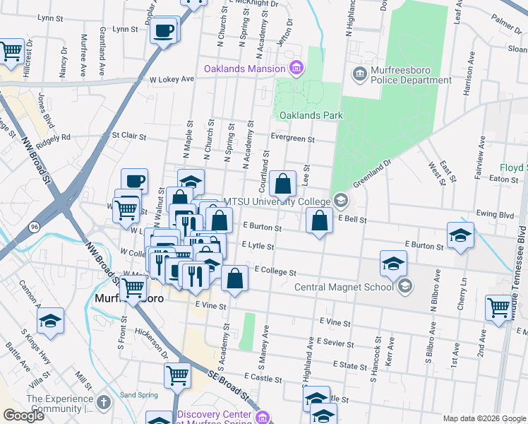map of restaurants, bars, coffee shops, grocery stores, and more near 513 North Maney Avenue in Murfreesboro