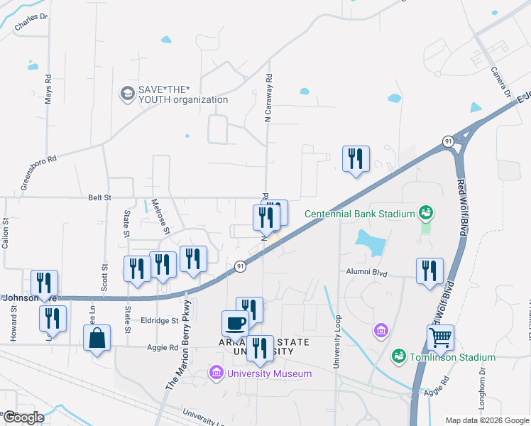 map of restaurants, bars, coffee shops, grocery stores, and more near 600 North Caraway Road in Jonesboro