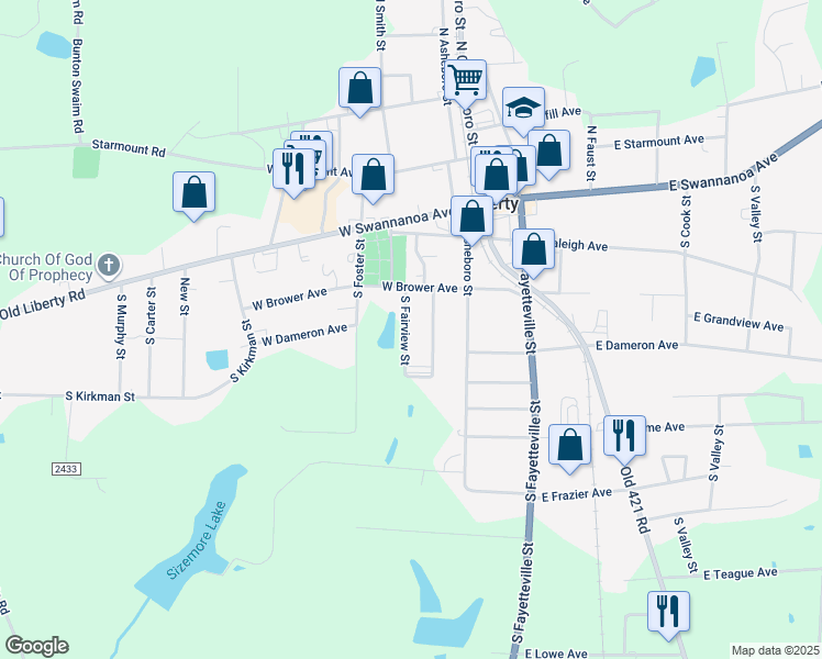 map of restaurants, bars, coffee shops, grocery stores, and more near 219 South Fairview Street in Liberty