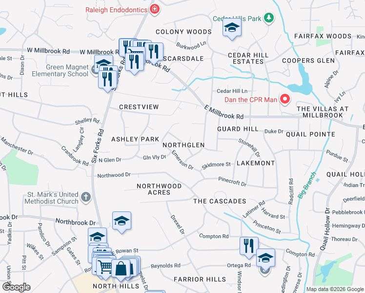 map of restaurants, bars, coffee shops, grocery stores, and more near 417 Chadwick Drive in Raleigh