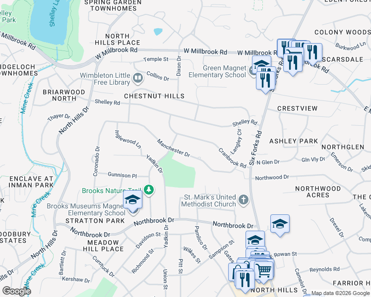 map of restaurants, bars, coffee shops, grocery stores, and more near 821 Cranbrook Road in Raleigh