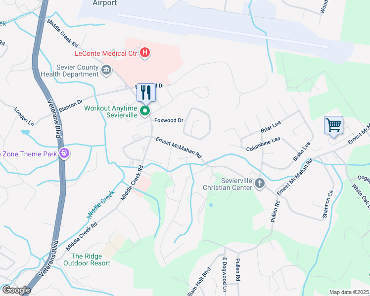 map of restaurants, bars, coffee shops, grocery stores, and more near 1265 Foxwood Drive in Sevierville