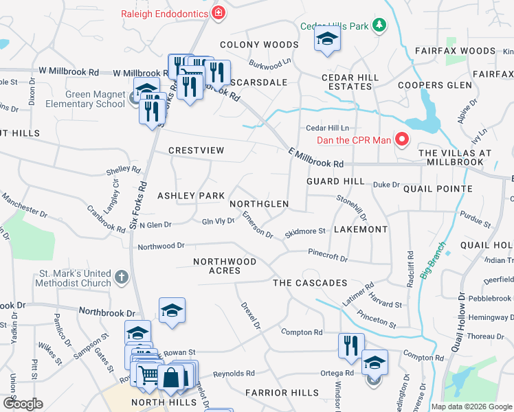 map of restaurants, bars, coffee shops, grocery stores, and more near 417 Chadwick Drive in Raleigh