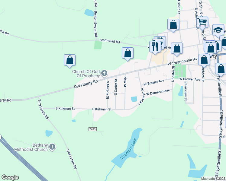map of restaurants, bars, coffee shops, grocery stores, and more near 210 South Carter Street in Liberty