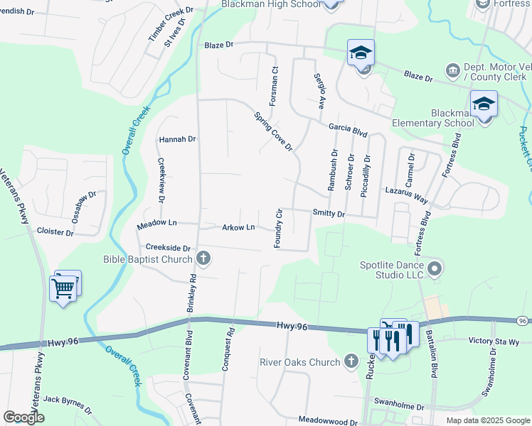 map of restaurants, bars, coffee shops, grocery stores, and more near 116 Ashington Court in Murfreesboro