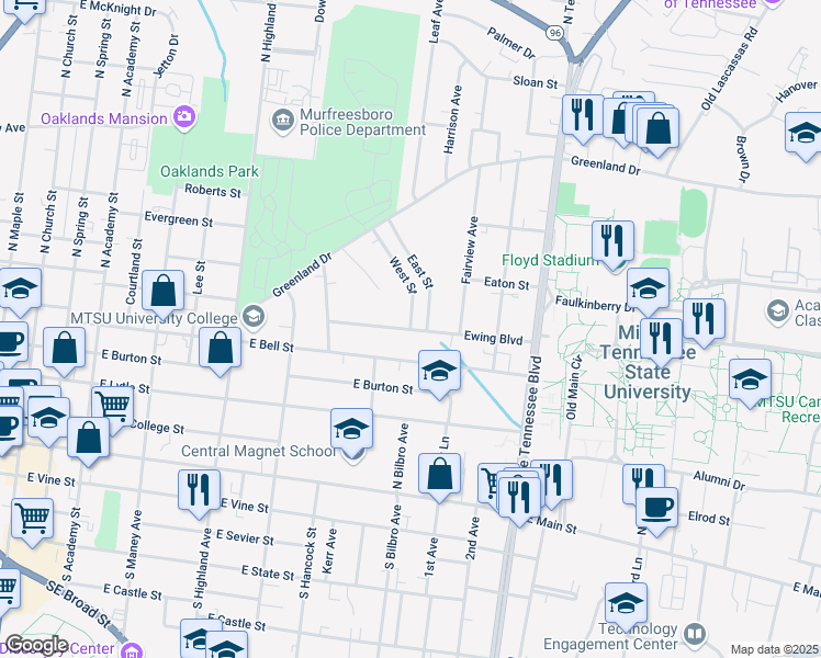 map of restaurants, bars, coffee shops, grocery stores, and more near Ewing Blvd & West St in Murfreesboro