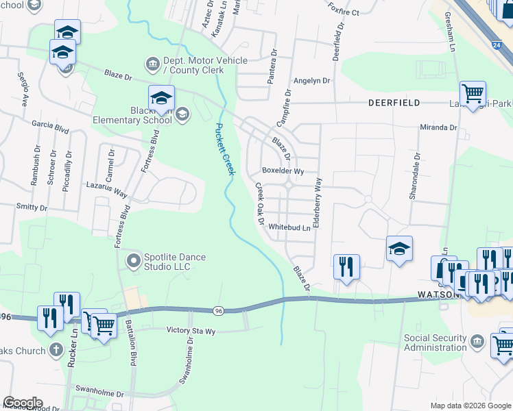 map of restaurants, bars, coffee shops, grocery stores, and more near 3526 Bluespruce Way in Murfreesboro