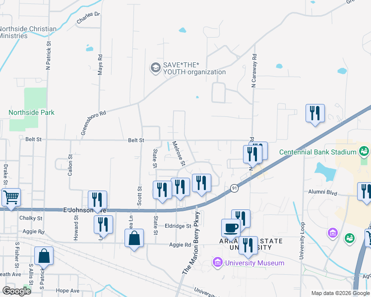 map of restaurants, bars, coffee shops, grocery stores, and more near in Jonesboro