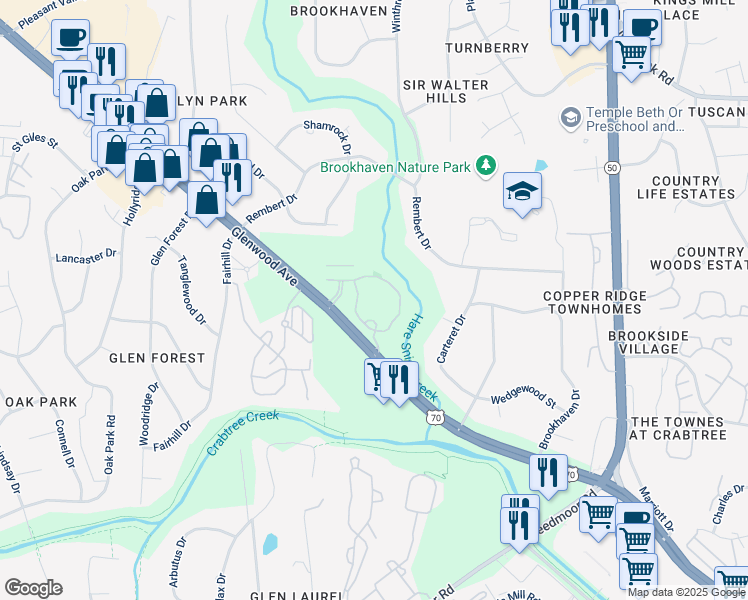 map of restaurants, bars, coffee shops, grocery stores, and more near 1300 Tribute Center Drive in Raleigh