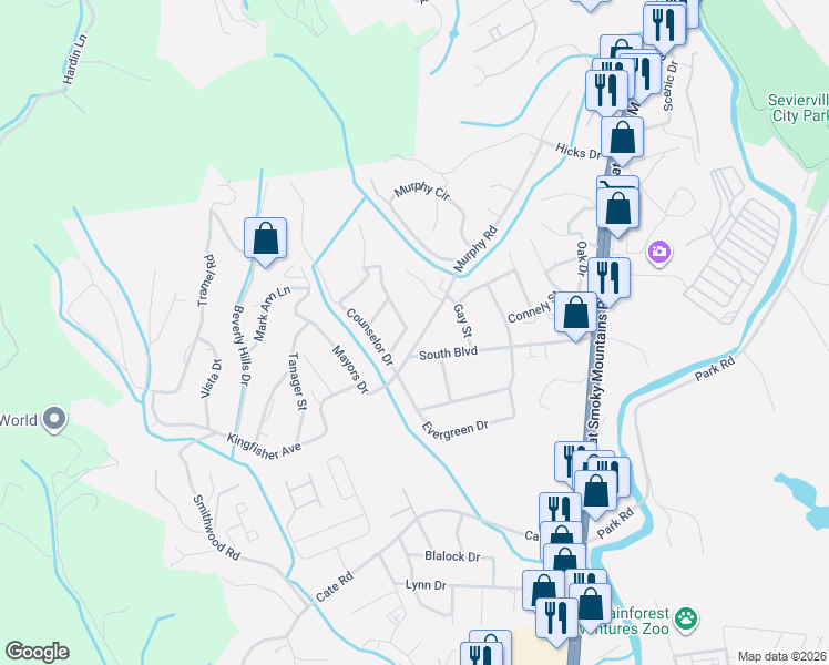 map of restaurants, bars, coffee shops, grocery stores, and more near 1027 Murphy Road in Sevierville