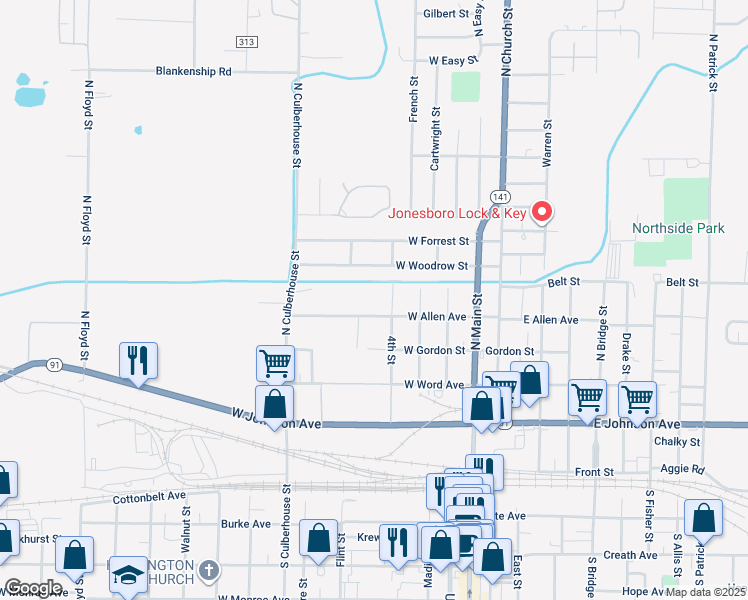 map of restaurants, bars, coffee shops, grocery stores, and more near 406 West Allen Avenue in Jonesboro