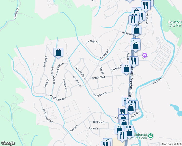 map of restaurants, bars, coffee shops, grocery stores, and more near 1027 Murphy Road in Sevierville
