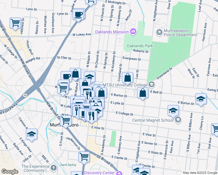 map of restaurants, bars, coffee shops, grocery stores, and more near 423 North Academy Street in Murfreesboro