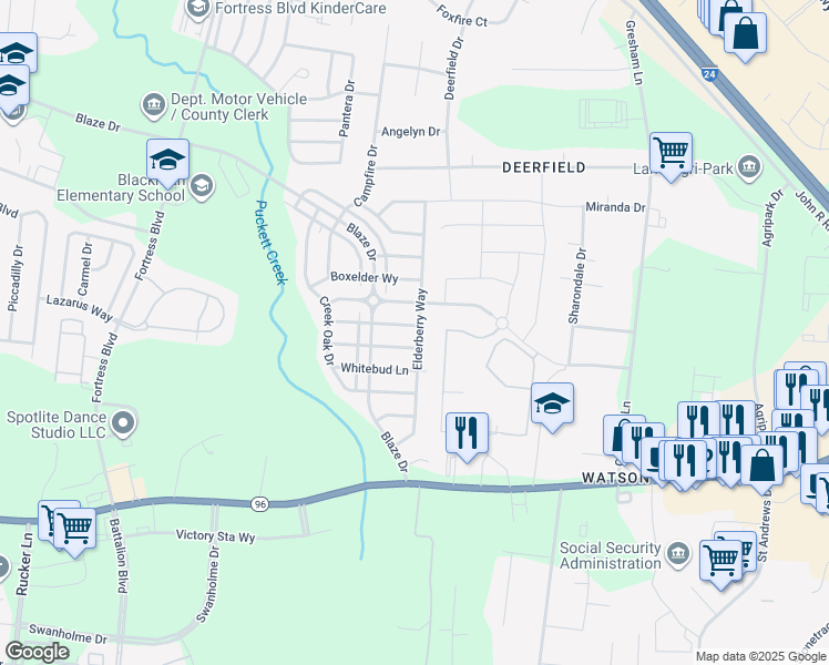map of restaurants, bars, coffee shops, grocery stores, and more near 3408 Bluespruce Way in Murfreesboro
