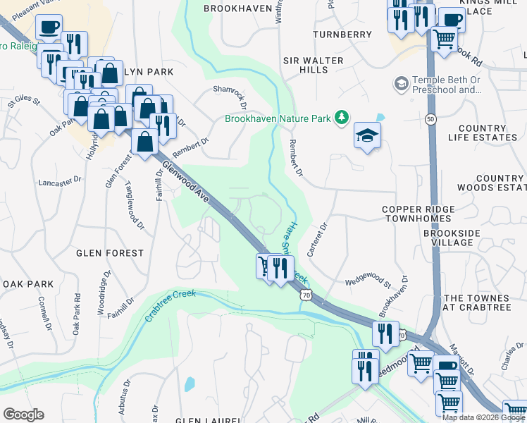 map of restaurants, bars, coffee shops, grocery stores, and more near 1300 Tribute Center Drive in Raleigh
