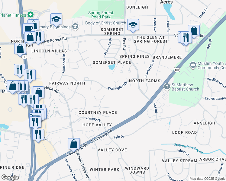 map of restaurants, bars, coffee shops, grocery stores, and more near 5144 Wallingford Drive in Raleigh