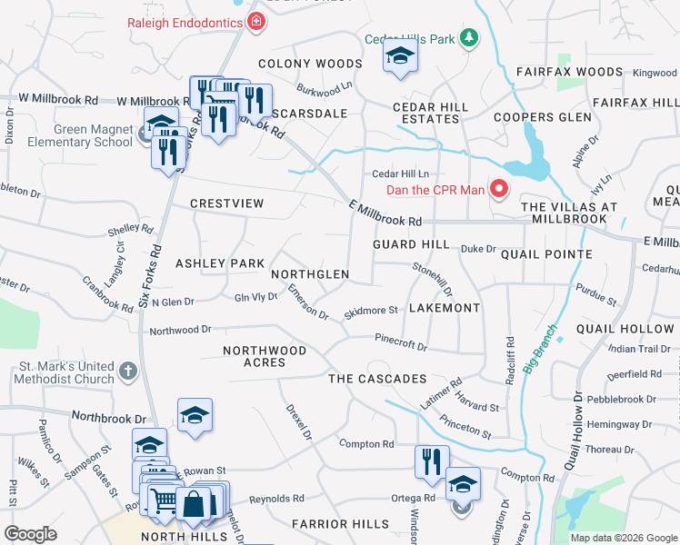 map of restaurants, bars, coffee shops, grocery stores, and more near 5225 Knollwood Road in Raleigh