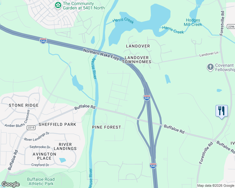 map of restaurants, bars, coffee shops, grocery stores, and more near River Walk Drive in Raleigh