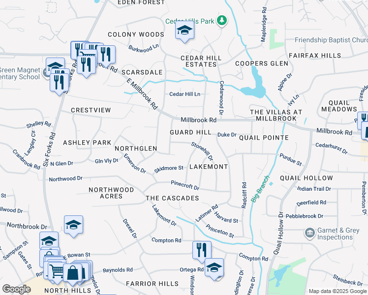 map of restaurants, bars, coffee shops, grocery stores, and more near 5004 Stonehill Drive in Raleigh