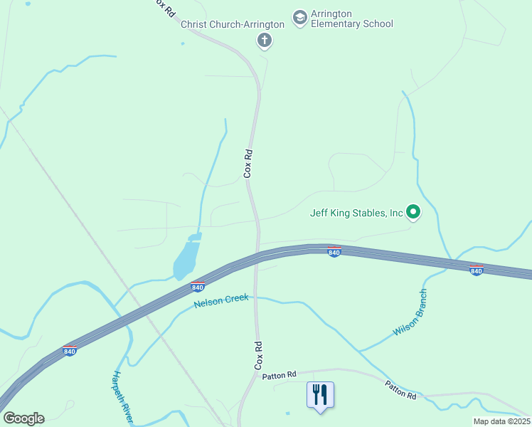 map of restaurants, bars, coffee shops, grocery stores, and more near 6319 Cox Road in Arrington
