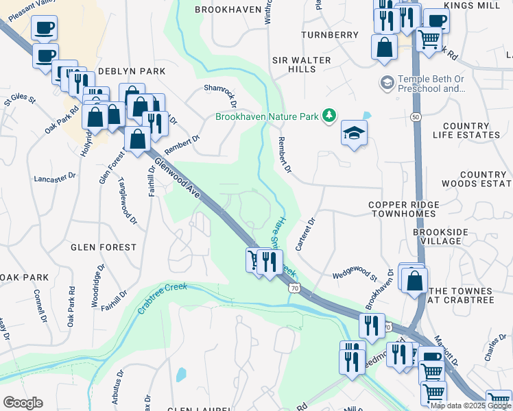 map of restaurants, bars, coffee shops, grocery stores, and more near 1300 Tribute Center Drive in Raleigh