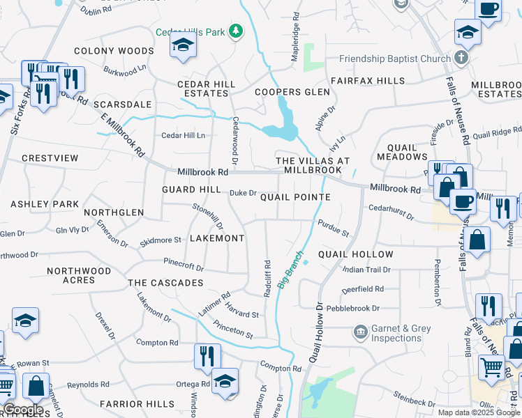 map of restaurants, bars, coffee shops, grocery stores, and more near 4904 Baylor Court in Raleigh