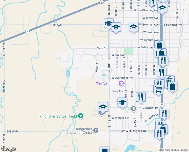 map of restaurants, bars, coffee shops, grocery stores, and more near 1013 Park Place in Kingfisher