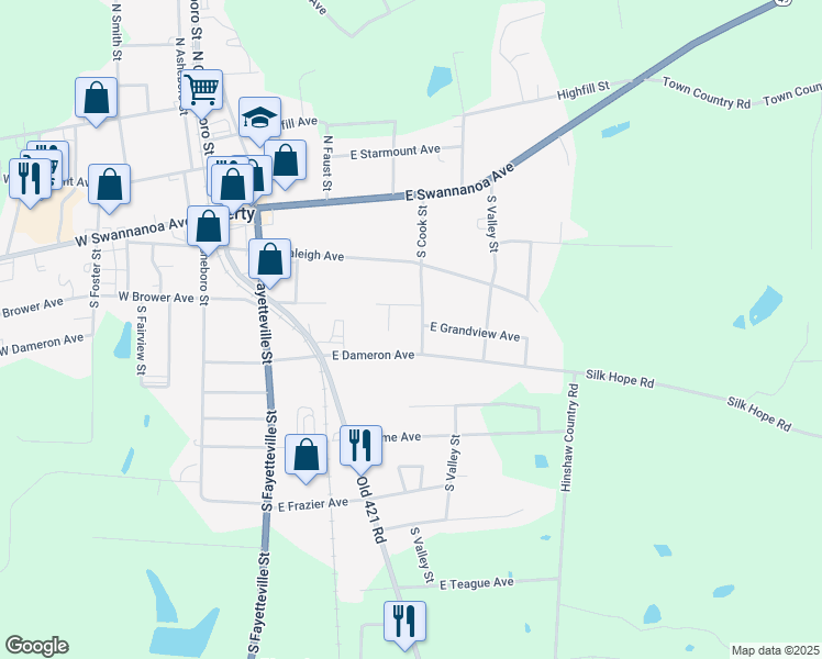 map of restaurants, bars, coffee shops, grocery stores, and more near 234 South Cook Street in Liberty