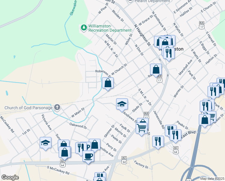 map of restaurants, bars, coffee shops, grocery stores, and more near 705 West Main Street in Williamston