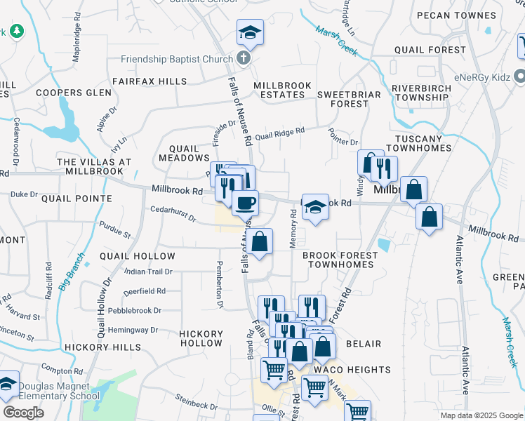 map of restaurants, bars, coffee shops, grocery stores, and more near 5034 Falls of Neuse Road in Raleigh