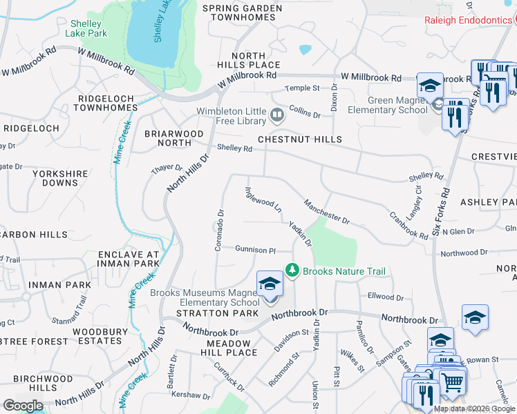 map of restaurants, bars, coffee shops, grocery stores, and more near 5305 Inglewood Lane in Raleigh