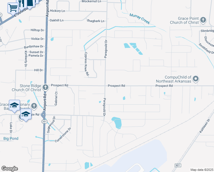 map of restaurants, bars, coffee shops, grocery stores, and more near 4702 Prospect Road in Jonesboro