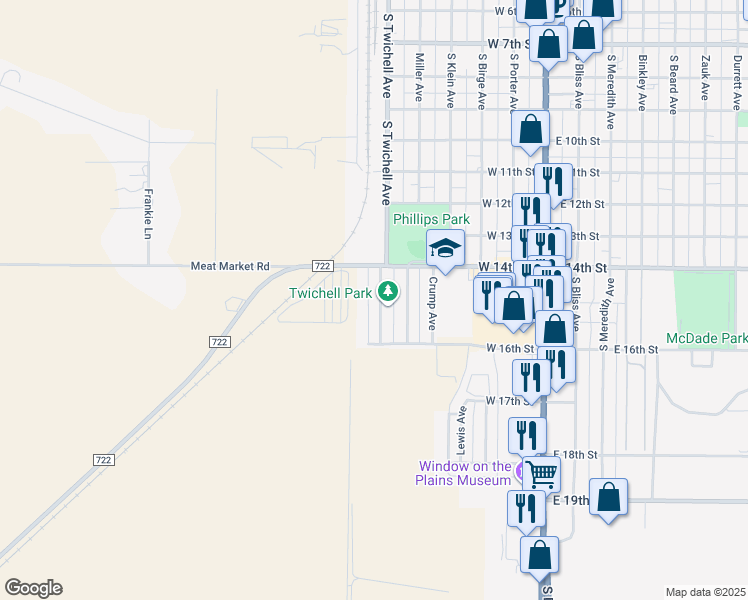 map of restaurants, bars, coffee shops, grocery stores, and more near 1400-1598 S Twichell Ave in Dumas